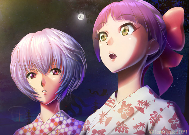 綾波レイ ねこ娘 花火大会見物 隠し絵 微調整ver 流セイヤ さんのイラスト ニコニコ静画 イラスト