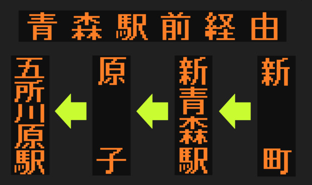 五所川原～青森線（五所川原駅ゆき）のLED方向幕（弘南バス）