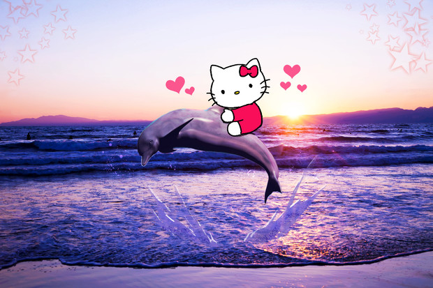 海でイルカと遊ぶハローキティ Upya さんのイラスト ニコニコ静画 イラスト