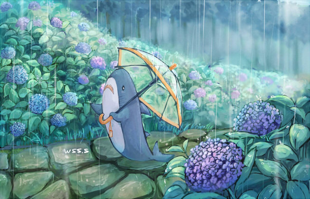 オリジナル手描きイラスト【虹色の傘で紫陽花畑へ】 すくっ