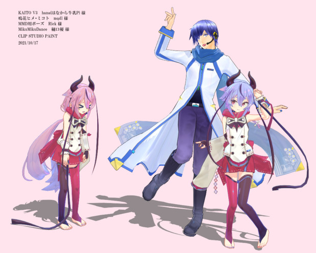 鳴花ーズのパケ絵ポーズをとるミコトとkaitoと 自分の立ち位置を横取りされて怒るヒメ Id さんのイラスト ニコニコ静画 イラスト