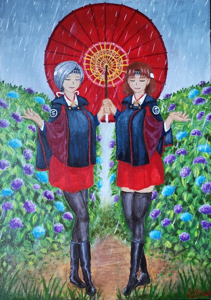 穏やかな夏の雨の下で姉妹。