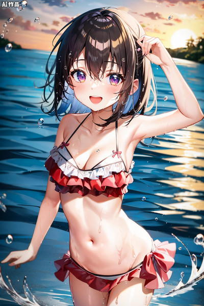 アニメキャラクター イラスト 水色ビキニ ビキニのイラストでベクトルかわいいアニメの女の子 | Premium