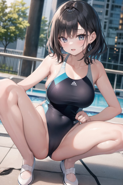 二次元　黒髪　開脚 ハイレグ競泳水着 M字開脚 / K-ta さんのイラスト - ニコニコ静画(イラスト)