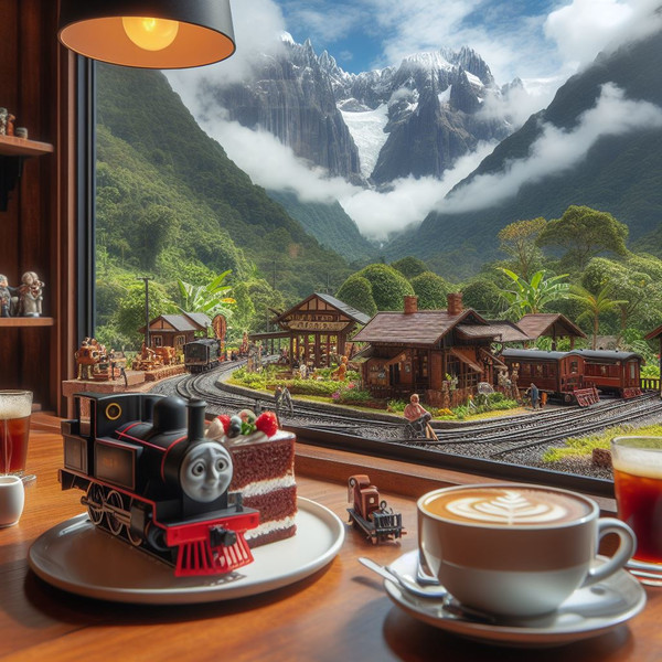 【AI生成】蒸気機関車のミニチュアを見ながらケーキとお茶が楽しめる店