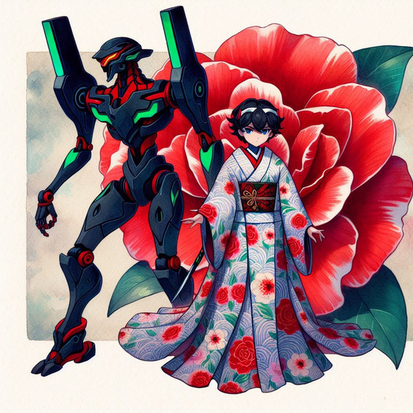 【AI生成】椿の花とヱヴァンゲリヲン