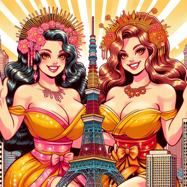 AI生成　巨大でファビュラスな女性たちが東京タワーを見下ろしているイラスト
