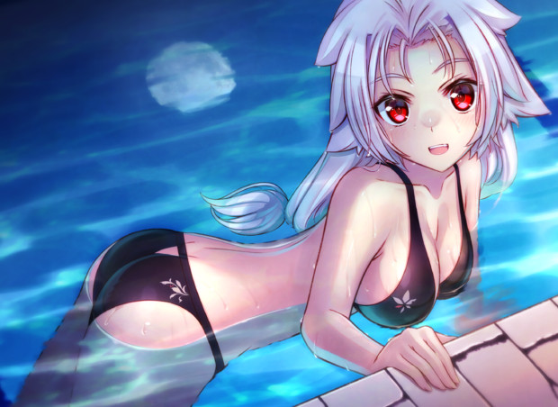 夜のプールサイドで。
