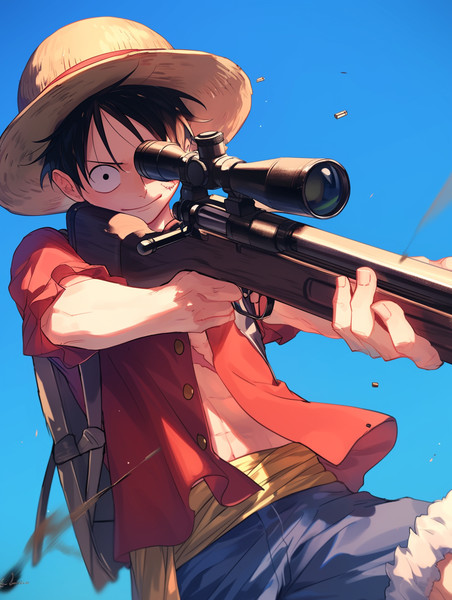 AIに描かせたスナイパーライフルを構えるルフィ