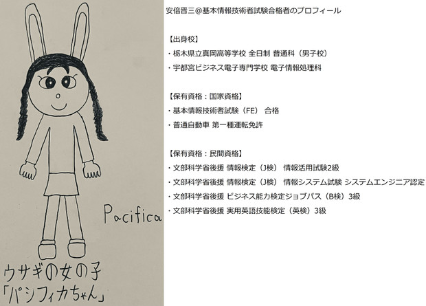 ウサギの女の子「パシフィカちゃん」の作者、安倍晋三@基本情報技術者試験合格者のプロフィール