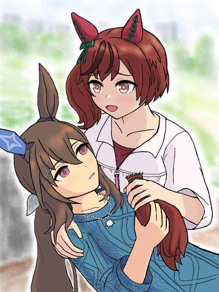 ふわふわをアヤベさんに分け与えるネイチャ