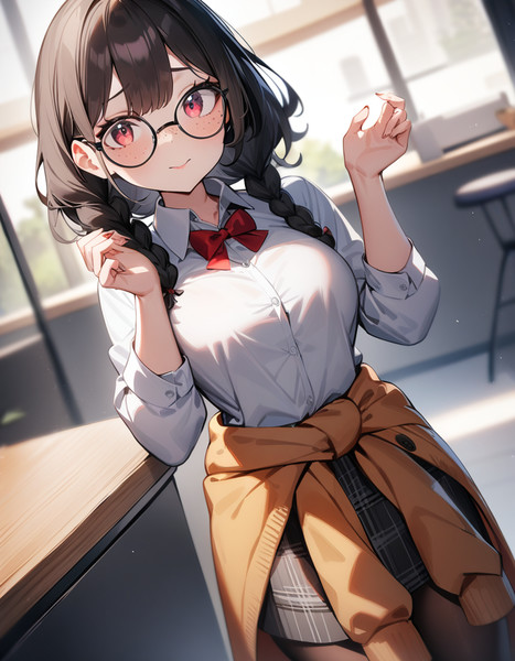 カーディガンを腰に巻いているオタクっぽい女の子