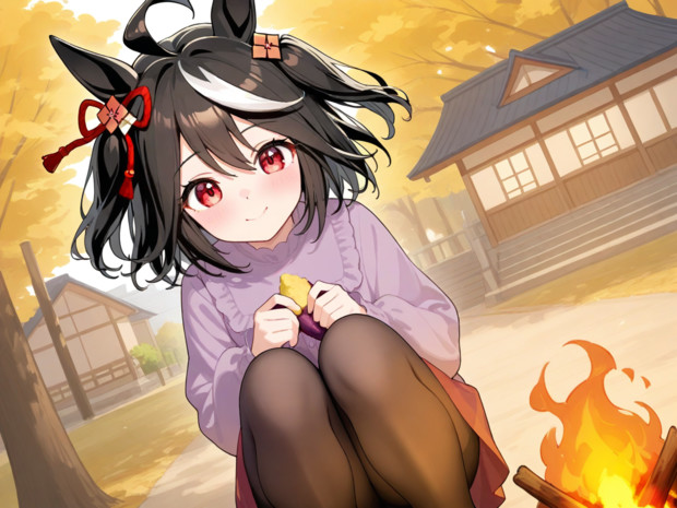 自宅の庭で焚き火で焼いた焼き芋を堪能するキタサンブラックちゃん