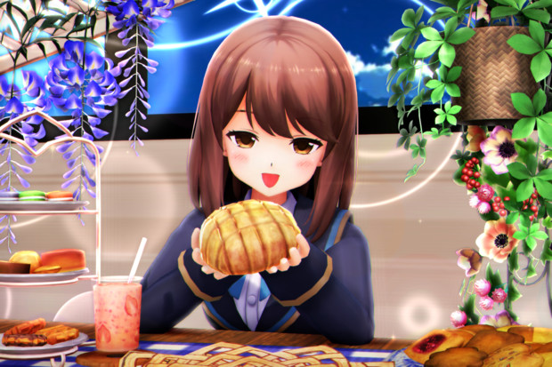 【かにフレ！】お庭風な特等席と ふんわりメロンパン…♡