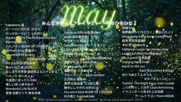 5月7日作成 タワー練習枠BGM みんなのプレイリスト5月号「のびのびなよる」曲一覧