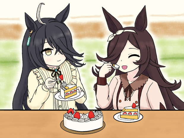 ケーキを食べるライスとカフェ