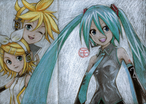 消しゴム不使用で黒い画用紙に初音ミクと鏡音リンレンを描いてみた モリング 似顔絵職人 さんのイラスト ニコニコ静画 イラスト