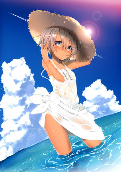 日焼け跡 白いワンピース 濡れ透け 夏 夏 ニコニコ静画 イラスト