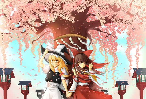 手描きイラスト 東方project【桜帽子の魔理沙と霊夢】 （東方
