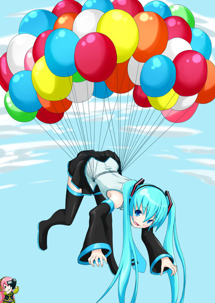 風船で空を飛んでいる初音ミク はつねネガメ さんのイラスト ニコニコ静画 イラスト