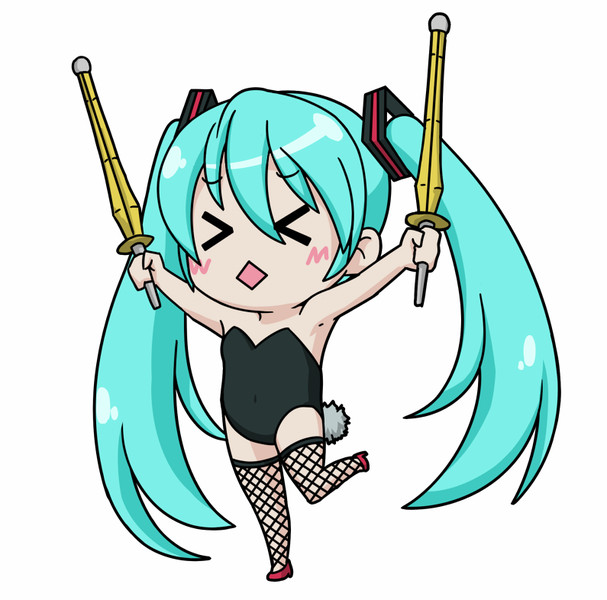 初音ミクがバニー服で目をつぶって、竹刀を持っている絵