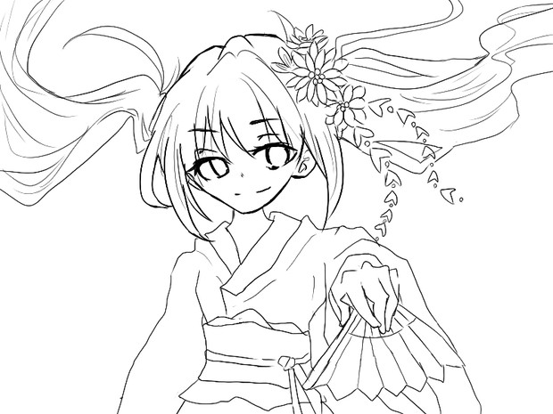 着物ミク塗り絵 ししゃも さんのイラスト ニコニコ静画 イラスト