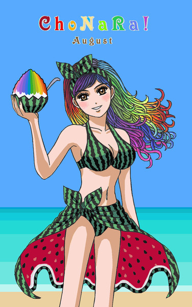 スイカ柄の水着とレインボーかき氷 天空雷雨 さんのイラスト ニコニコ静画 イラスト