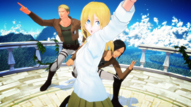 Mmd 円い塔の上で ライナー ユミル クリスタ 改変モデル Wodeto さんのイラスト ニコニコ静画 イラスト