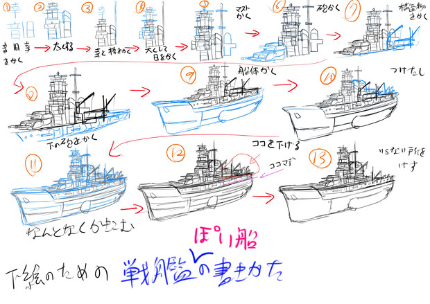 戦艦ぽい船の簡単 な描き方 下絵編 Kaki さんのイラスト ニコニコ静画 イラスト