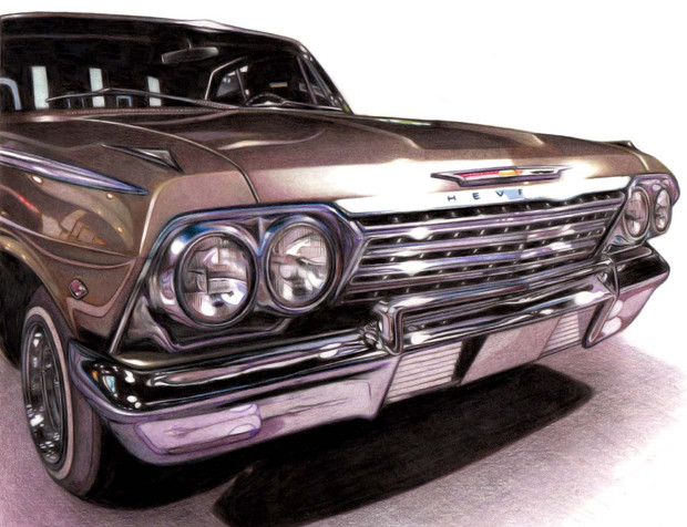 色鉛筆画「Chevrolet Impala 1962」