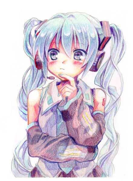 色鉛筆で 黒 を使わないで描いてみたミク もじゃクッキー さんのイラスト ニコニコ静画 イラスト