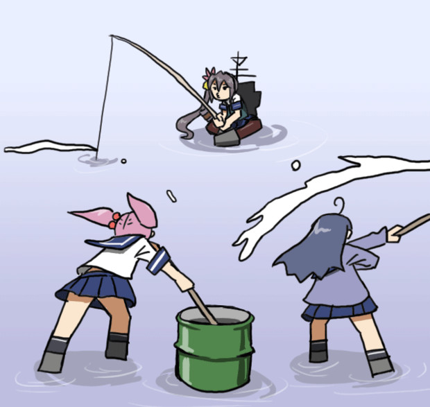 秋刀魚釣りをする曙さんのために コマセを撒く漣さんと潮さん おいもたろう さんのイラスト ニコニコ静画 イラスト