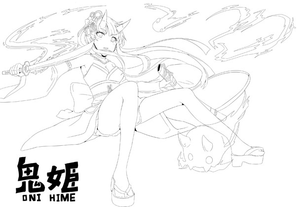 線画交換企画用 鬼姫 線画 テーマ 和 湯猫子 さんのイラスト ニコニコ静画 イラスト