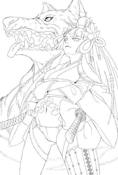 線画交換企画用 おおかみ 線画 テーマ 和 ちえのりんご さんのイラスト ニコニコ静画 イラスト