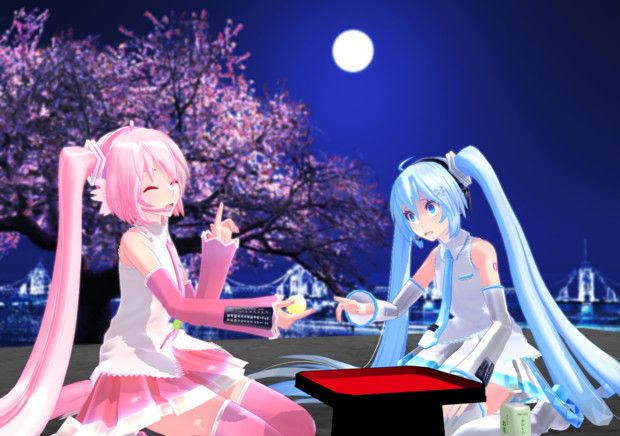 桜ミクと雪ミク 季節はずれのお月見 狼子 おおかみこ さんのイラスト ニコニコ静画 イラスト
