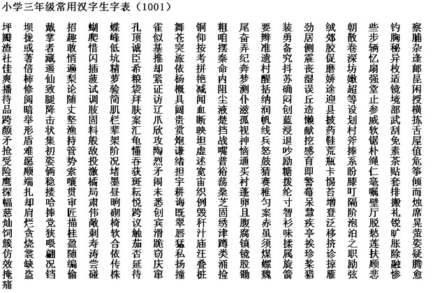 中国大陸の小学生が習う漢字（３年）