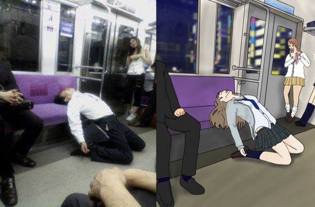 電車でガチ寝するおっさん 女子高生 比較画像 Pちゃん さんのイラスト ニコニコ静画 イラスト
