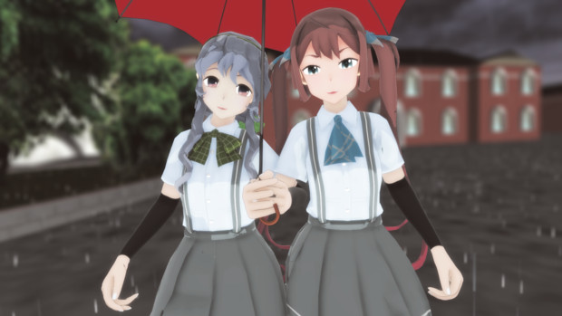 姉妹仲良く相合傘
