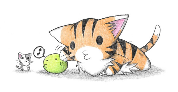 カエルを撫でるにゃんこ / わにねこwithくまこ さんのイラスト 