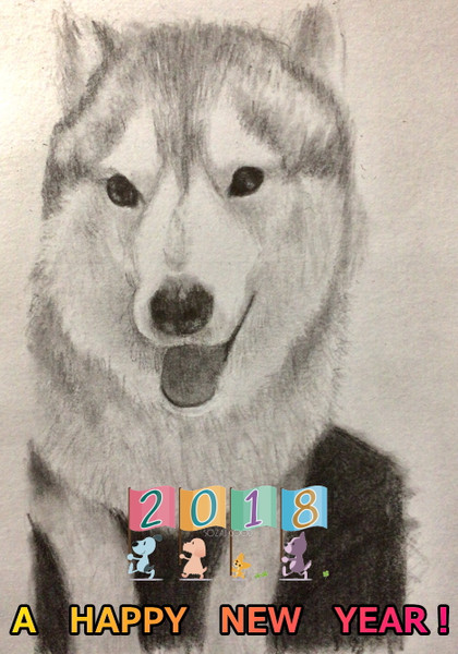 犬を描いて年賀状にしてみた。