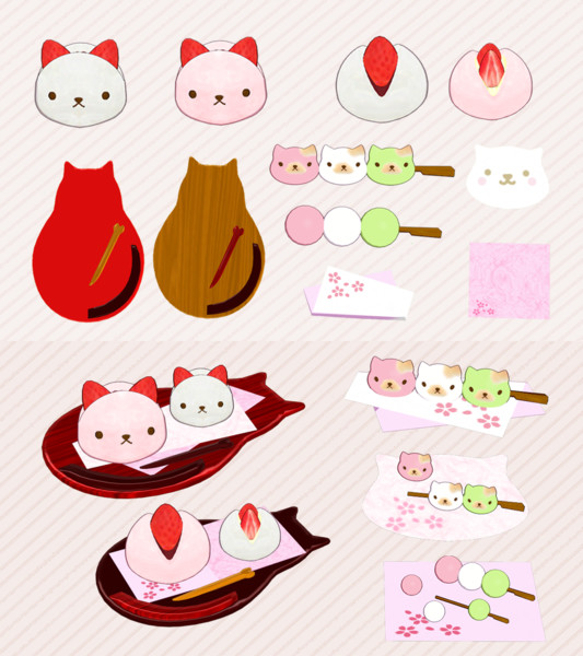 Mmd にゃんこ花見団子と苺大福セット アクセサリ配布 ぼたん さんのイラスト ニコニコ静画 イラスト