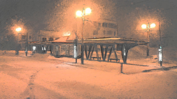 冬の夜のバス停