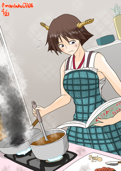 料理本を見ながら料理する比叡 Morita さんのイラスト ニコニコ静画 イラスト