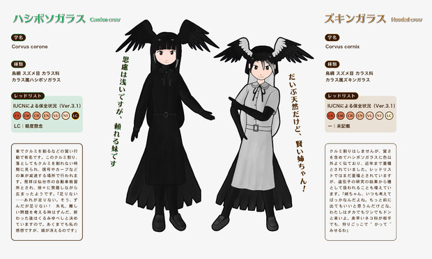 オリフレ ハシボソガラス ズキンガラス 仲良し姉妹 ニコニコ静画 イラスト