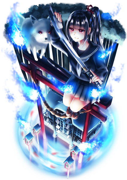 神社と帯刀女子高生 ニコニコ静画 イラスト