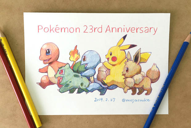 【ポケモン23周年】赤・青・黄色の3色の色鉛筆で描いてみた