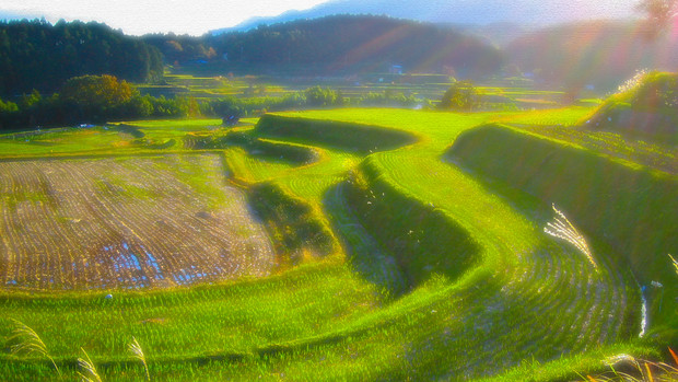 【イラスト風】里山の背景画像